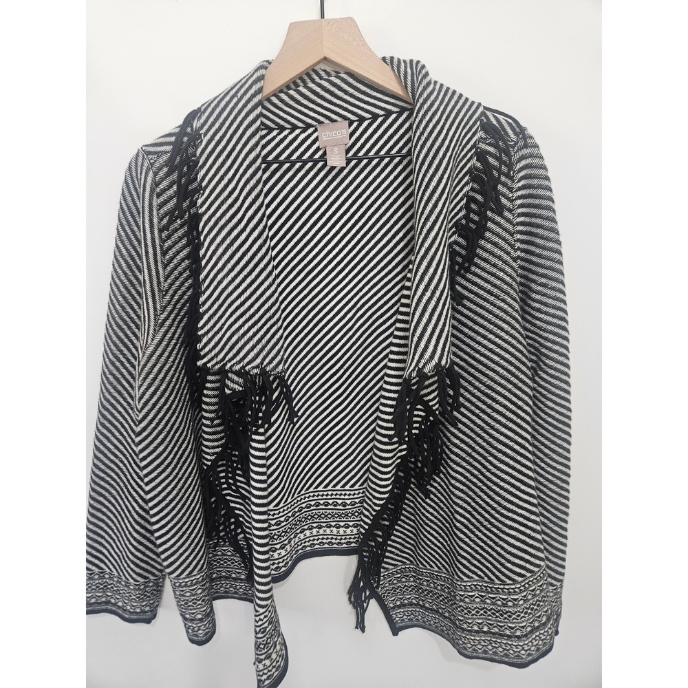 Chicos Black White Striped Fringe Open Front Cardigan Sweater Size 3 XL